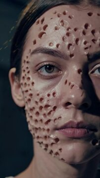 Trypophobic skin with lost of cluster holes on female face.
