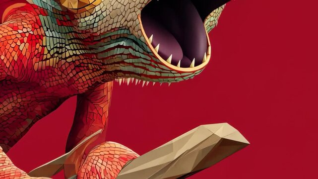 Colorful low-poly dinosaur with open mouth on red background.