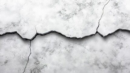 Crack in a wall with a white background. The crack is long and jagged. The wall is made of concrete