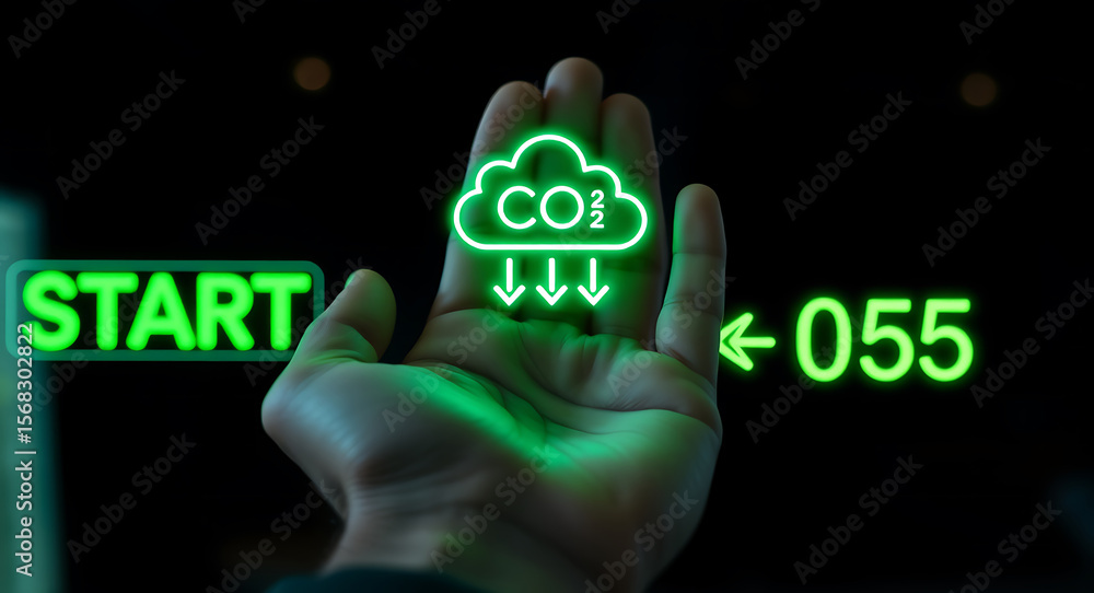 Poster hand displaying green neon cloud with c o2 and arrows human palm