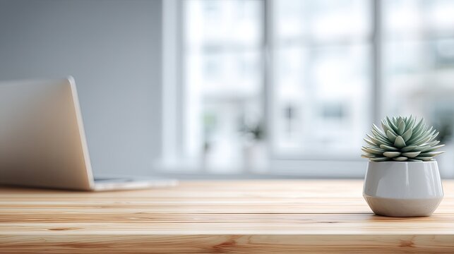 A modern workspace featuring a laptop and succulent plant on a light wooden desk, with a blurred background of a bright room and window