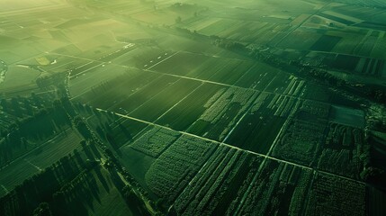 Aerial view of vast farmland with green crops divided into neat plots, symbolizing land leasing contracts and sustainable agriculture. Agricultural business concept