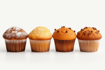 Four muffins with different toppings are arranged on a white background, creating a tempting display