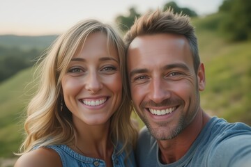 Fototapeta premium Happy man taking selfie with woman outdoors