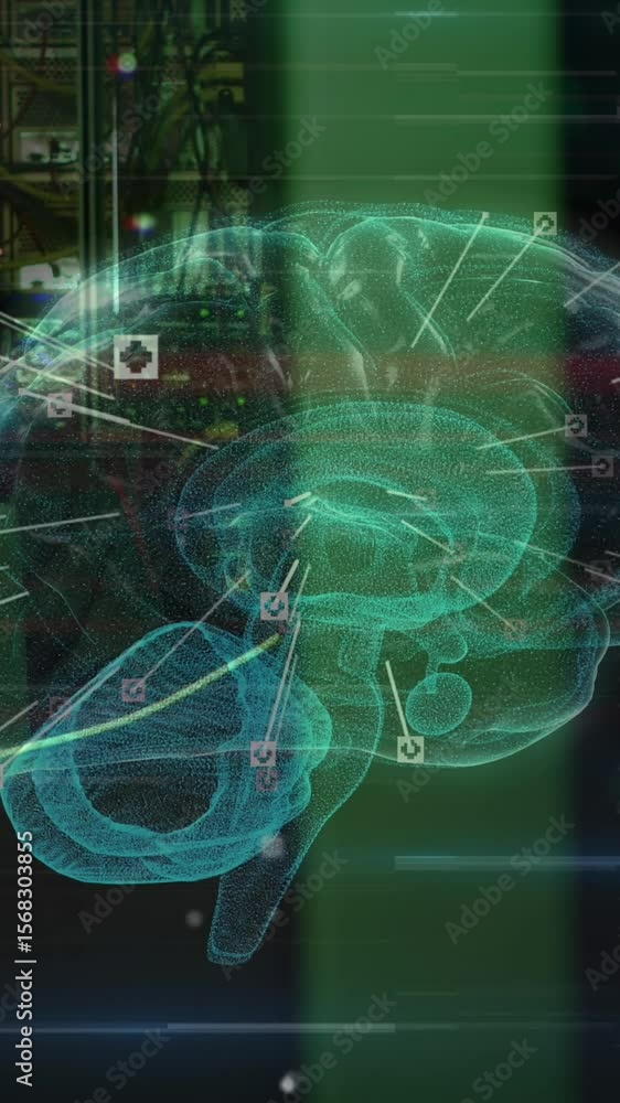 Poster animation of light trails and digital brain over asian hacker in server room