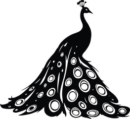 Fototapeta premium Black silhouette of elegant peacock with fully fanned tail feathers featuring circular patterns in artistic decorative style on white background