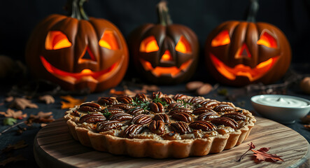 Pecan pie with glowing Halloween pumpkins dessert pastry