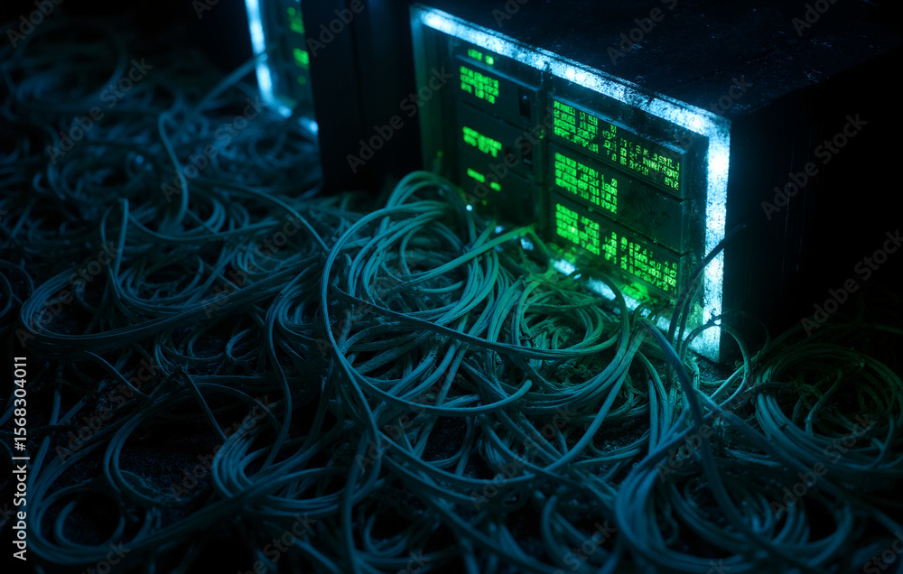 Poster tangled cables and illuminated server units