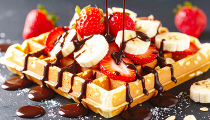 Dessert waffle with fresh strawberry and banana, drizzled with chocolate syrup. AI