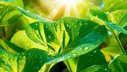 Close-up of dewy green leaves illuminated by soft sunlight, perfect for serene and refreshing natural background designs