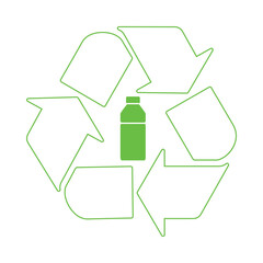 Recycle symbol with arrows and plastic bottle inside icon. Reusing recycling, reuse and reduce plastic label badge for print on packaging of the products. Eco conscious branding initiatives. Vector.