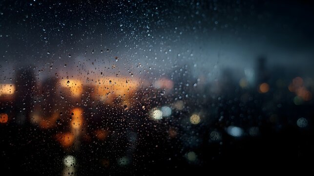 Raindrops on the window frame the city lights at night
