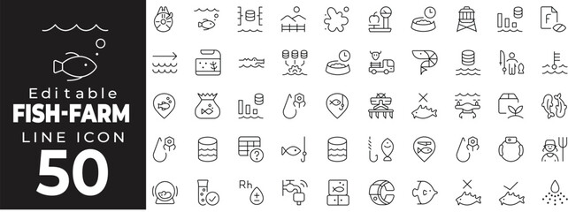 Editable stroke icon collection representing aquaculture and fish farming. Includes fish tanks, nets, water quality, fish species, feeding equipment, harvesting tools, pond, and hatchery icons.