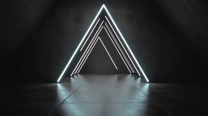 Dark room with a large, triangular opening. The room is lit with neon lights, creating a futuristic and mysterious atmosphere