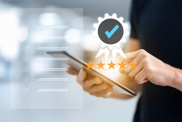 Quality assurance and professional certification concept. Customer using a tablet to rate service experience online with five stars, feedback, and performance evaluation. generative ai