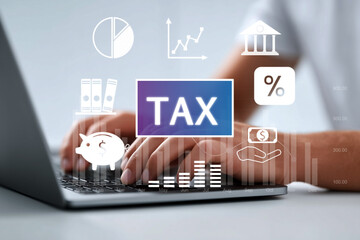 Hands typing on laptop with digital tax icons and financial analytics. Studio concept image representing online tax filing, finance management, and accounting process. generative ai