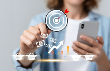 Woman holding magnifying glass with red dart on digital target and financial growth icons, using smartphone. Studio concept image illustrating marketing strategy and e-commerce analytic. generative ai