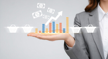 Businesswoman holding digital infographic with colorful bar chart, rising arrow and shopping basket icons. E-commerce and sales growth analytics concept. generative ai