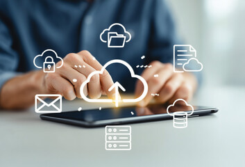 Cloud Data, Person using digital tablet with virtual cloud computing icons including upload, lock, folder, and database. Data storage and cloud technology concept. generative ai