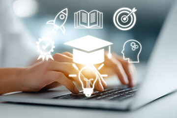 Hands typing on laptop keyboard with floating digital icons of graduation cap, book, rocket, brain and light bulb. Online education and e-learning platform concept. generative ai