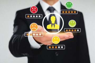 Businessman holding virtual icons of customer feedback and star rating system with user avatar in center. Studio concept of online reputation management, employee evaluation. generative ai
