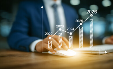 Businessman using computer mouse with virtual financial bar chart and yearly growth data from 2022 to 2026. Studio finance and performance analytics concept photography. generative ai