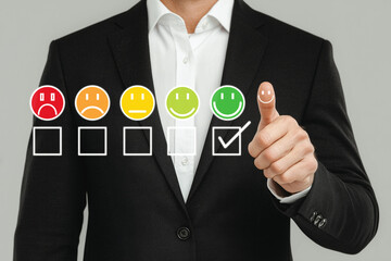 Businessman showing thumb up with smiley face and five-level feedback rating icons. Studio customer satisfaction and quality evaluation concept photography. Service review concept. generative ai