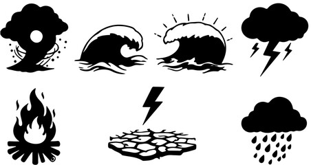 Fototapeta na wymiar Black and white vector image showcasing natural disasters like tornado fire and flood and drought rain
