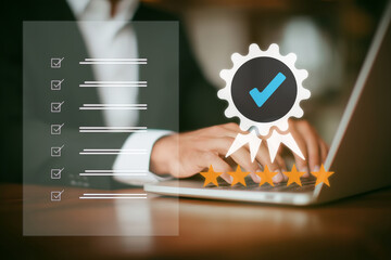  Quality Business assurance, rating and customer review concept, Person typing on laptop with virtual checklist, five-star rating icons. generative ai