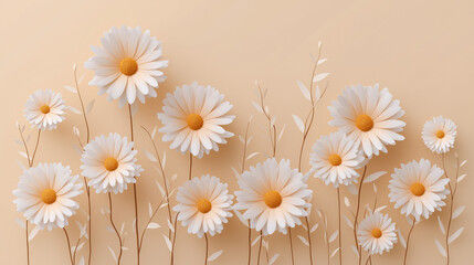 Minimalist illustration of many daisy on a beige background, clean lines, soft shadows, pastel tone, flat design style flat