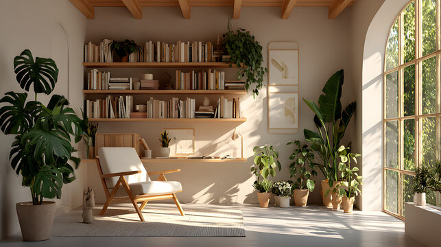 A zoom background photo of a minimalist modern office with a bookshelf and plants