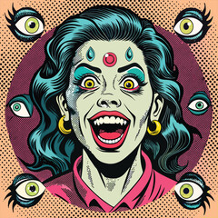 High key Engraving of Woman's eyes and lips, with happy expression
