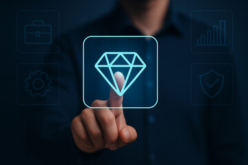 Premium digital holographic diamond icon touch interface with futuristic business security investment concept for luxury finance stock marketing design