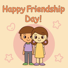 Happy Friendship Day Card Featuring Cute Cartoon Boy and Girl Holding Hands