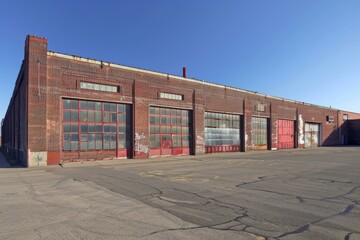 Old abandoned red brick warehouse building with boarded up windows and a large empty asphalt parking lot