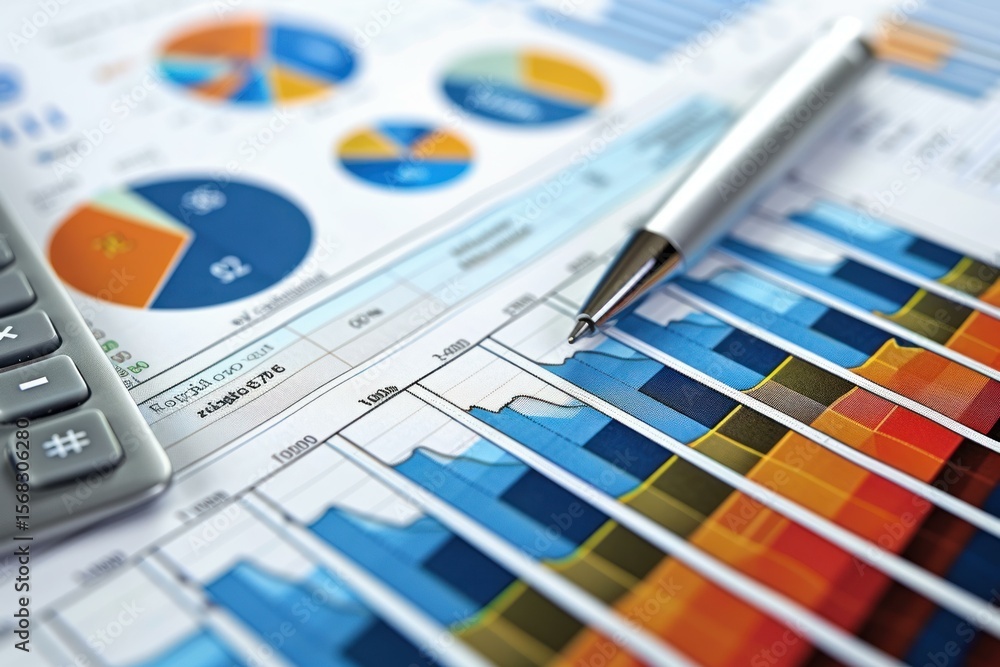 Poster closeup of colorful financial charts showing market data with a pen and calculator resting on the do