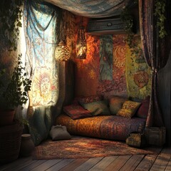 Cozy bohemian corner with vibrant textiles, plush seating, and hanging lamps. Sunlight streams through sheer curtains, illuminating a tranquil atmosphere
