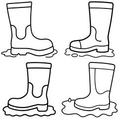 Wellington Boots in Puddle Coloring Page – Rainy Day Black and White Line Art Illustration