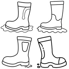 Wellington Boots in Puddle Coloring Page – Rainy Day Black and White Line Art Illustration