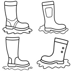 Wellington Boots in Puddle Coloring Page – Rainy Day Black and White Line Art Illustration