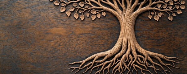 Engraved Wooden Tree Life's Roots and Growth on Textured Wood, wood carving , tree of life