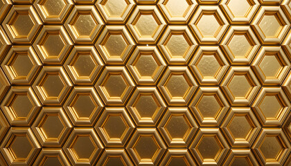 Golden Hexagonal Texture: A detailed, close-up shot of a golden, honeycomb-like texture, showcasing a repeating hexagonal pattern. The metallic surface glistens.