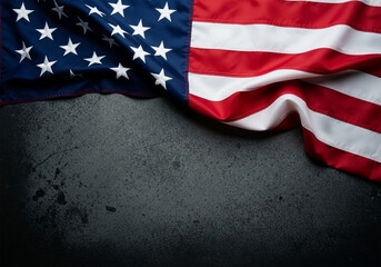 A section of the American flag is draped over a dark gray textured surface