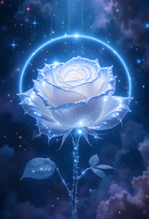 Celestial Rose: A luminous rose glows with ethereal beauty against a backdrop of a galaxy, captivating the viewer with its otherworldly charm.