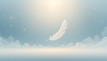 Serene Ascent: A pristine white feather gently floats in the ethereal expanse of the sky, symbolizing freedom and lightness.