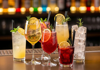 Several tall glasses filled with various cocktails are displayed on a bar top