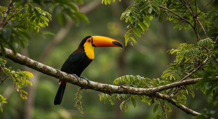 Channel-billed Toucan perched on a mossy branch in the lush rainforest canopy