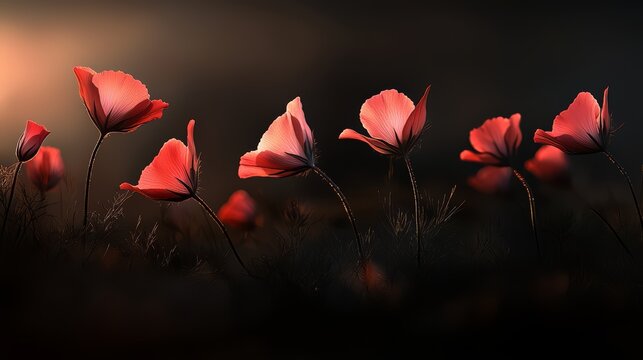 Field of red flowers with the sun shining on them. The flowers are in full bloom and are arranged in a row. Scene is peaceful and serene, as the sun's rays illuminate the flowers