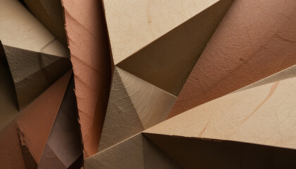 Geometric Wood Abstraction: A mesmerizing abstract image showcases triangles and angles crafted from various shades of wood, creating a textured, three-dimensional effect.