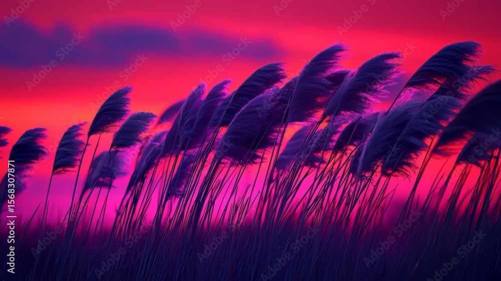 Poster vast field of tall grasses with purple stems, creating a beautiful and serene landscape. the sky abo